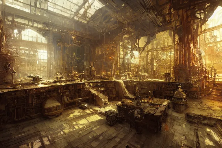 Image similar to alchemy workshop interior, intricate, elegant, highly detailed, john park, craig mullins, sparth, ruan jia, jeffrey catherine jones