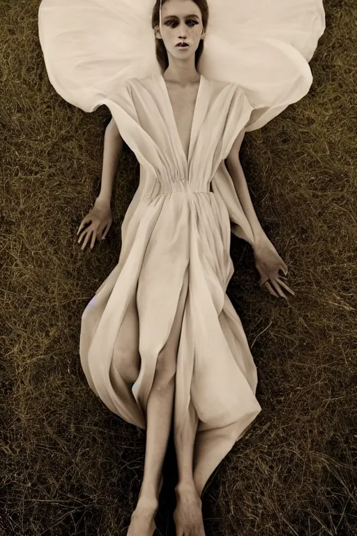 Image similar to a full body portrait of a beautiful girl covered by monia merlo featured in vogue and gq editorial fashion photography, beautiful eye, symmetry face, haute couture dressed by givenchy and salvatore ferragamo