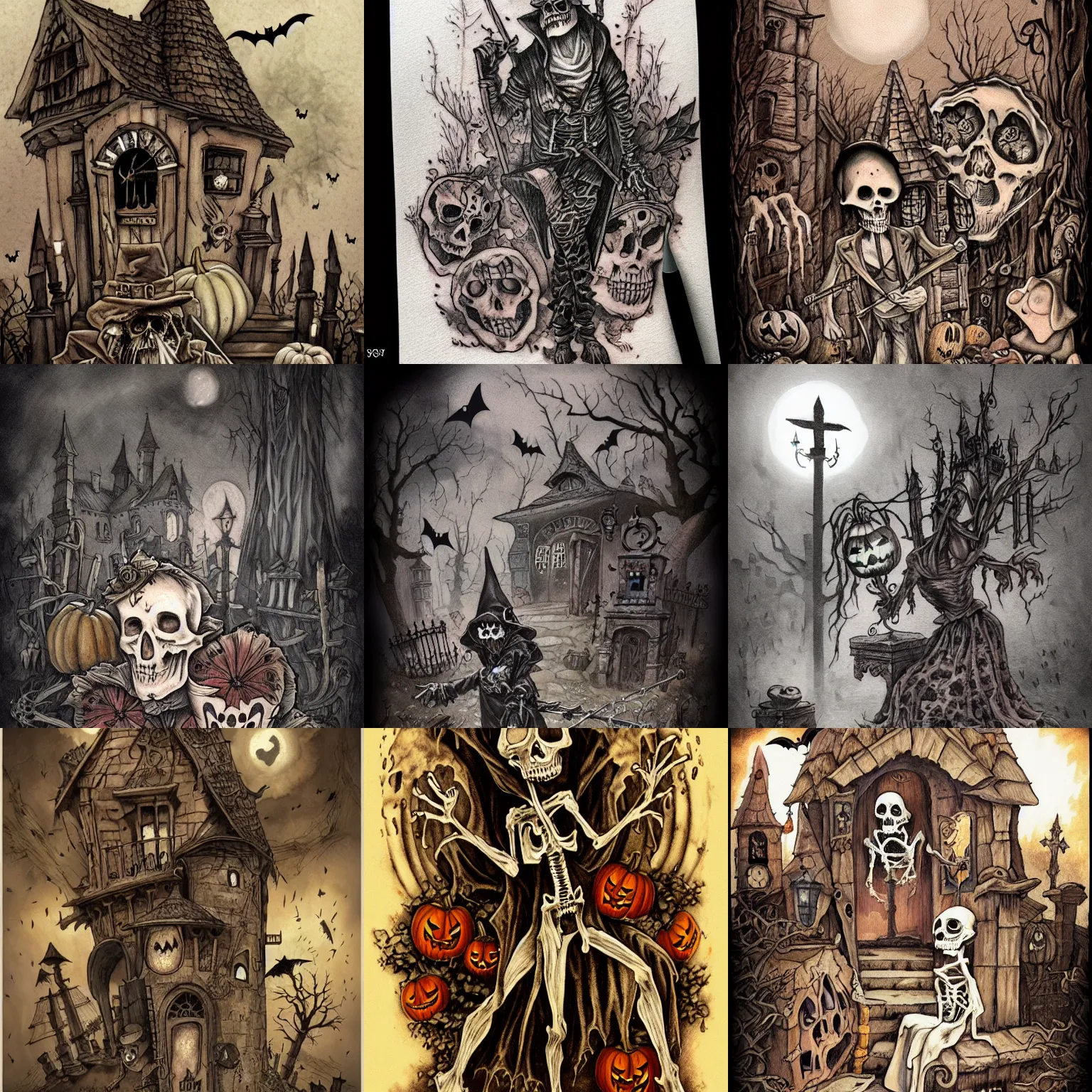 Prompt: halloween tattoo on white paper by anton pieck, cartoon de la muerte in graveyard at midnight, intricate, extremely detailed, digital painting, artstation, concept art, smooth, sharp focus, illustration, intimidating lighting, incredible art,