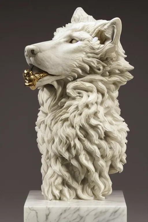 Image similar to a white marble statue of a wolf's head and shoulders with gold filigree, michelangelo