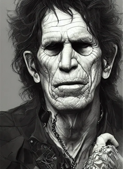 Image similar to Portrait of Keith Richards, marvel comics, dark, intricate, highly detailed, smooth, artstation, digital illustration by Ruan Jia and Mandy Jurgens and Artgerm and Wayne Barlowe and Greg Rutkowski and Frank Frazetta