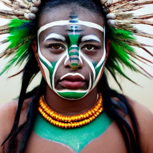 Prompt: minimalist photography portrait of an elaborately adorned female shaman warrior, face paint, symmetrical, super close up, mid thirties, cute round green slanted eyes, ebony skin, wide nostrils, chubby cheeks, high flat eyebrows, ethereal essence, angelic, leica 1 0 0 mm f 0. 8