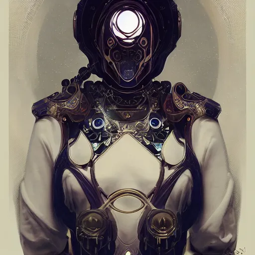 Image similar to a cyborg empress with mask, art nouveau ivory accessories, cyberpunk, darksynth, luxury, concept art by jama jurabaev, extremely detailed, ominous, ethereal, artstation, andree wallin, edvige faini, balaskas, alphonse mucha, symmetry