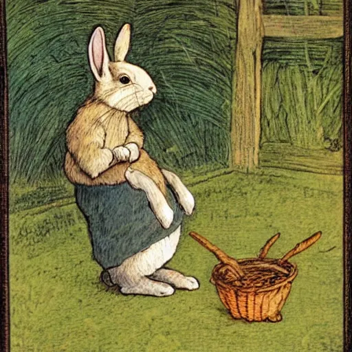 Prompt: rabbit straining to pull a turnip from soil, by beatrix potter