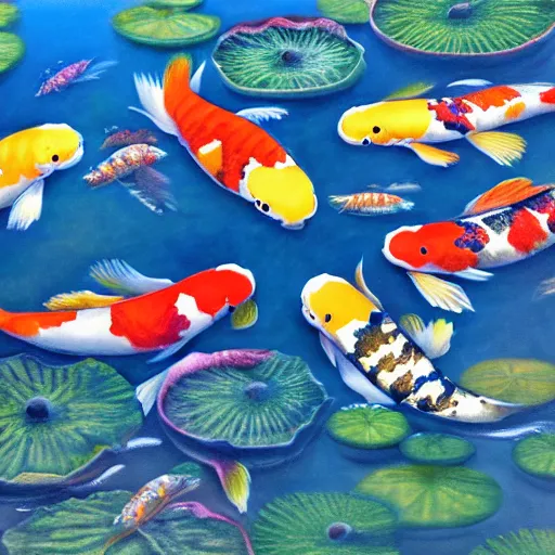 Image similar to seven koi fish in a pond with lily pads