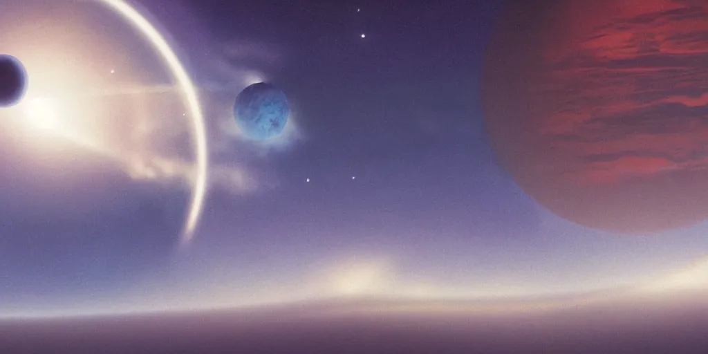 Image similar to blue dreamy cloudscape with a single planet in the clouds, ringed planet, daylight, cinematic lighting, cinematic perspective, syd mead, john harris, federico pelat,