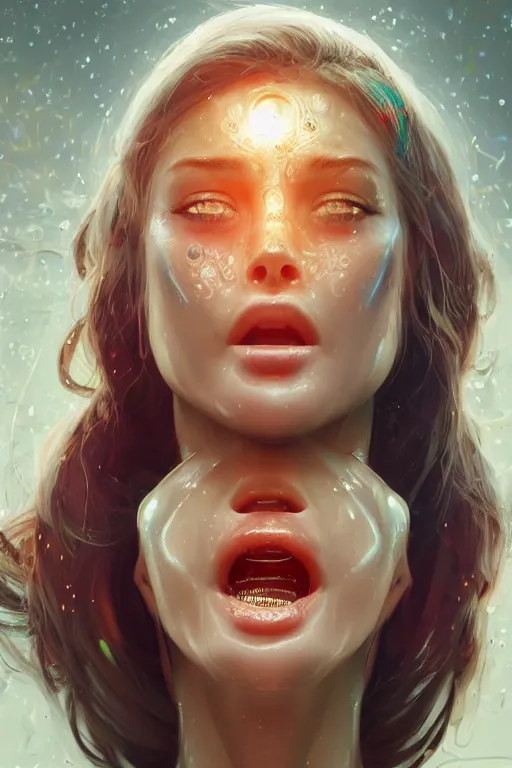 Prompt: attractive female i robot sticking tongue out sensually adn sweating, close - up portrait, intricate, elegant, volumetric lighting, scenery, digital painting, highly detailed, artstation, sharp focus, illustration, concept art, luis rollo, ruan jia, steve mccurry, john berkey