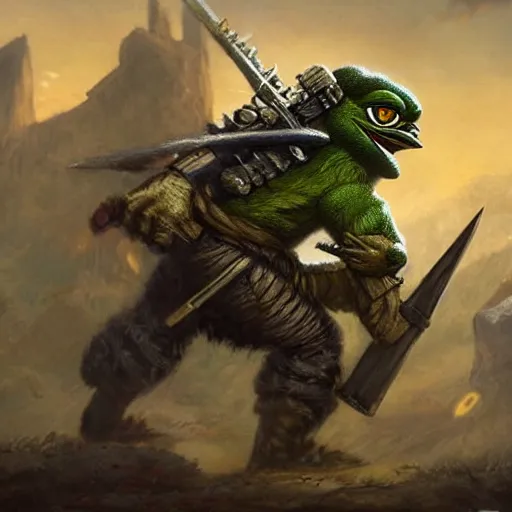 Image similar to pepe in War Hammer Epic fantasy art, cinematic asterpiece