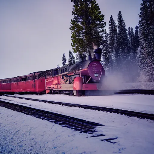Prompt: a highly detailed photograph of an old train shooting vapor during winter in colorado, trending on artstation, portra 4 0 0 kodak - h 6 0 0 - w 7 0 0 - n 6