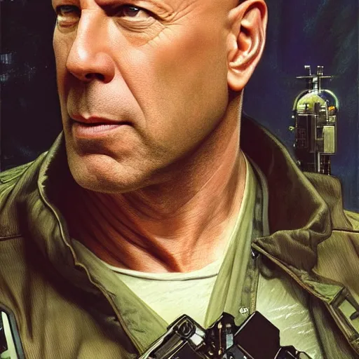 Prompt: portrait of bruce willis starring korben dallas, distopic, the fifth element, futuristic, science fiction, intricate, headshot, highly detailed, digital painting, artstation, concept art, sharp focus, cinematic lighting, illustration, art by artgerm and greg rutkowski, alphonse mucha, cgsociety, - n 6