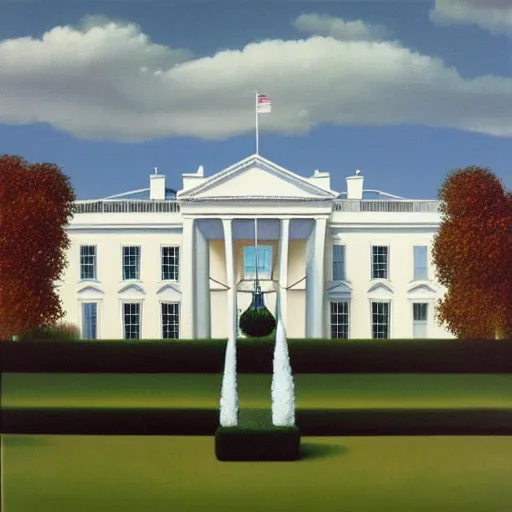 Image similar to painting of the white house by rene magritte, hd, 4 k, detailed, award winning