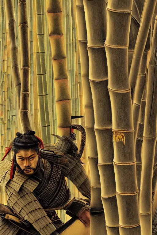 Image similar to close up of samurai warrior in a bamboo forest, a realistic illustration by david benzal, eddie mendoza