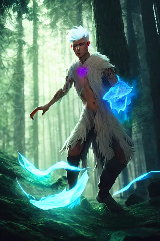 Prompt: a human elemental wizard, forest setting, colorful magic, male, epic, white skin, young, sharp, concept art, dynamic lighting, unreal engine, octane