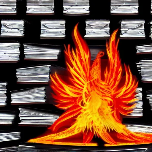 Image similar to a flaming phoenix sitting on a pile of harddisks protecting a database, 8 k, 3 5 mm