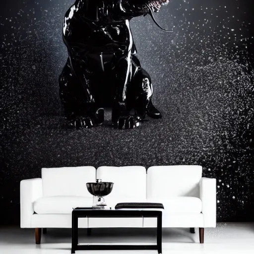 Image similar to a shiny gooey tar covered panther in a modern living room laying on a white couch covering it in sticky black tar splattering the walls with tar. photography, dslr, full body, award winning photography, pet photography, detailed