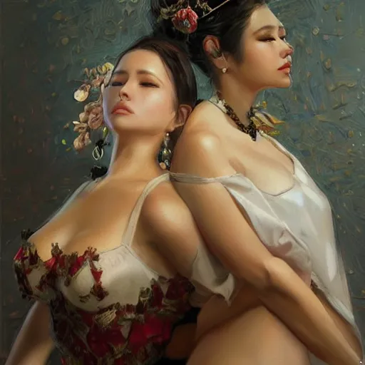 Prompt: two queens in illegal marriage, high vertical symmetry, photorealistic oil painting, beautiful, oil, vintage shading by Artgerm and ilya repin, artstation