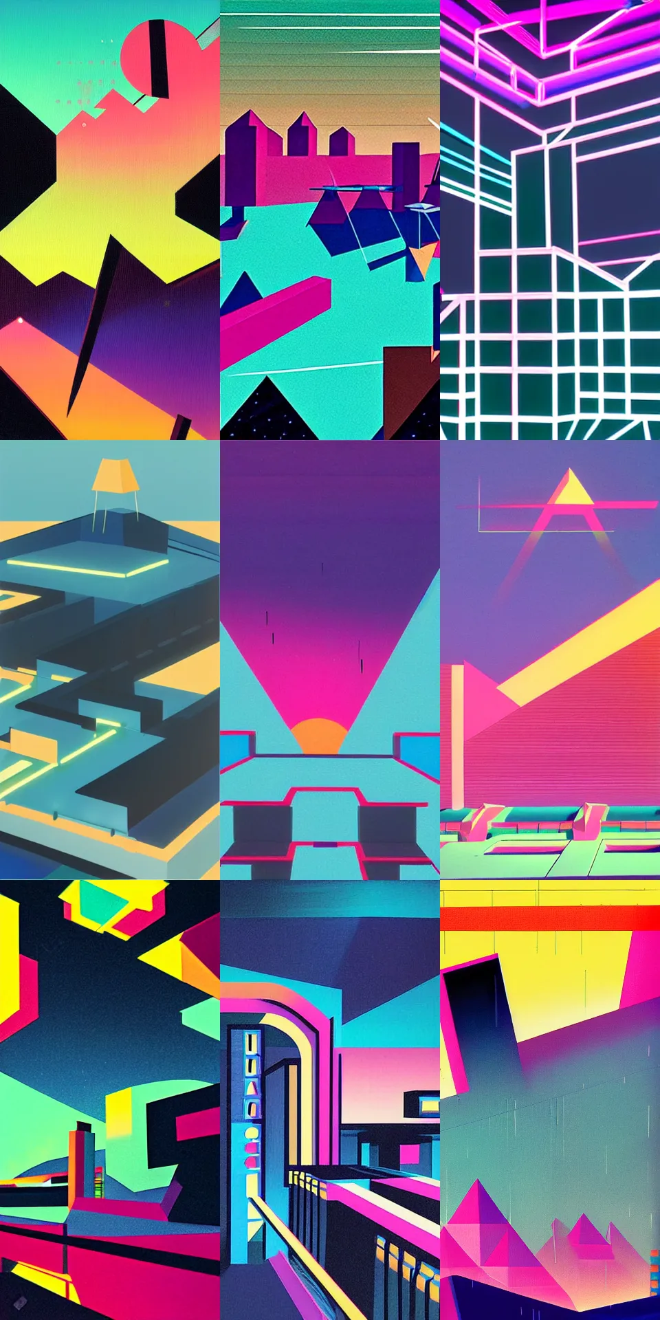 Prompt: bauhaus painting of retro low - poly synthwave nighttime valley