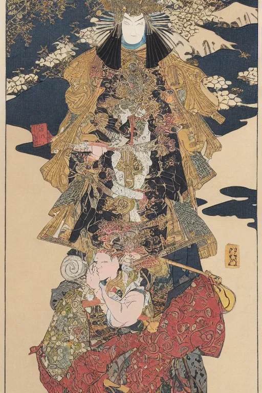 Image similar to hyperdetailed matte illustration of a knight wearing an ornate gold headpiece and holding a flower with a map of the collective subconscious in the background by hokusai