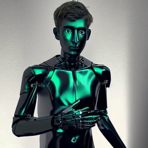 Image similar to “a realistic detailed photo of a guy who is an attractive humanoid who is half robot and half humanoid, who is a male android, twitch streamer and youtuber Ninja Tyler Blevins, shiny skin, posing like a statue, blank stare”