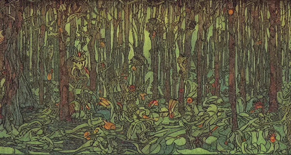 Image similar to A dense and dark enchanted forest with a swamp, by Ivan Bilibin,