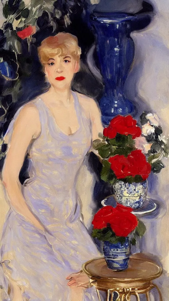 Image similar to young julee cruise in detailed golden lace navy dress beside a pot of red roses set near a persian blue detailed pot by john singer sargent