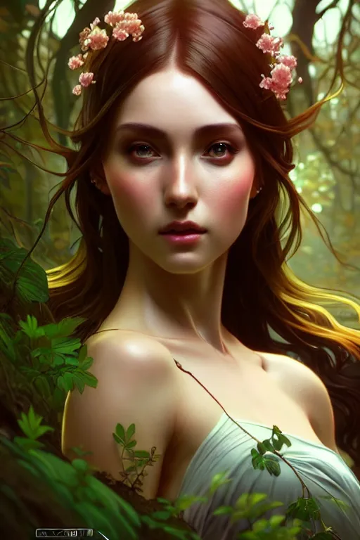 Image similar to beautiful digital painting of a stylish female forest with high detail, 8 k, stunning detail, works by artgerm, greg rutkowski and alphonse mucha, unreal engine 5, 4 k uhd