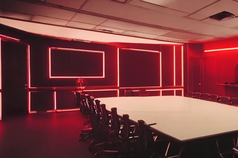 Image similar to a dark conference room, half full, atmospheric and obscure, red neon light, by roger deakins, cinematography, syd mead