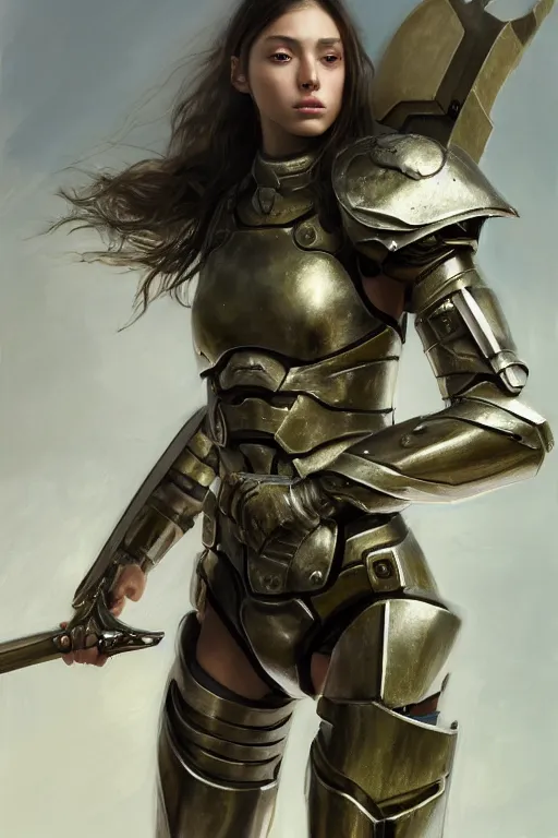 Image similar to a photorealistic painting of an attractive young girl, partially clothed in metal-plated battle armor, olive skin, long dark hair, beautiful bone structure, symmetrical face, perfect eyes, intricate, elegant, digital painting, concept art, illustration, sharp focus, minimal artifacts, from Metal Gear, in the style of Ruan Jia and Mandy Jurgens and Greg Rutkowski, trending on Artstation, award winning