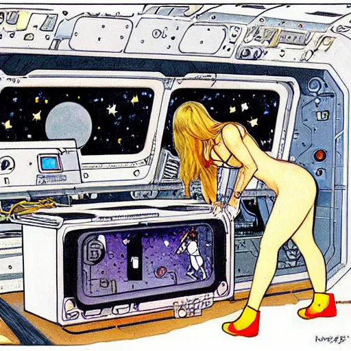 Prompt: astronaut girl fixing the spaceship by milo manara