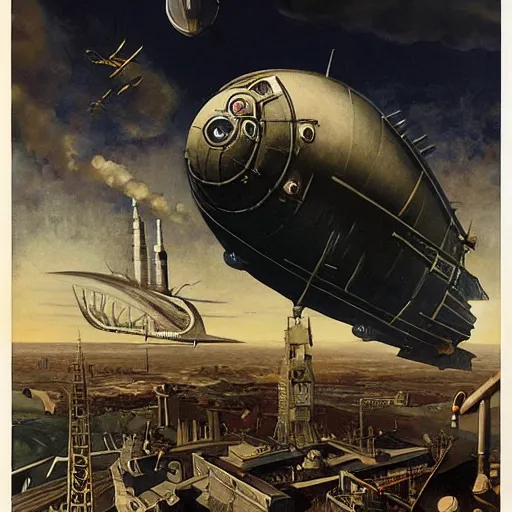 Prompt: A scene from a steampunk world, with a dirigible in the background and a Zeppelin in the foreground, oil painting, matte, black background, by J.C. Leyendecker and H.R. Giger