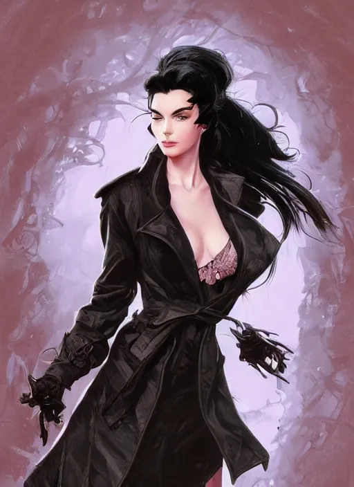 Prompt: woman with black hair and a trench coat, intricate, elegant, highly detailed, lifelike, photorealistic, digital painting, artstation, illustration, concept art, smooth, sharp focus, art by frank frazetta and marco bucci and loish and rossdraws and artgerm and alphonse mucha