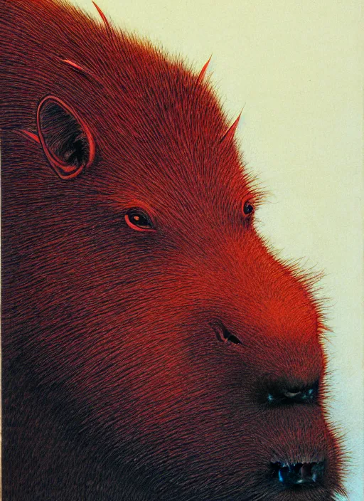 Prompt: a side view of chthonic neon fur demonic capybara with red eyes and and black veins and white teeth and blood on arms, on background red lake on fire, highly detailed, art by Ayami Kojima, Beksinski, Giger