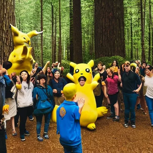 Image similar to photograph of a group of people worshipping a giant pikachu in a forest