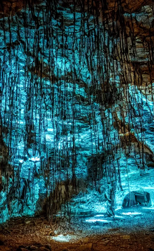 Prompt: vines in a very dark cave, blue lighting, decayed, creepy