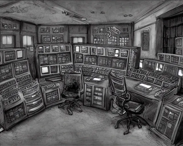 Image similar to inside the control room of the nightmare factory by bill siekniewicz, greyscale,