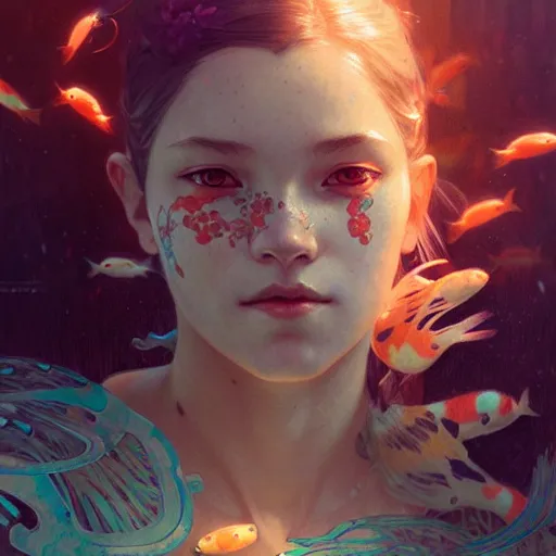 Prompt: Portrait of a lost cyborg girl surrounded by glowing Koi fish, face, fantasy, intricate, elegant, highly detailed, digital painting, artstation, concept art, smooth, sharp focus, illustration, art by Krenz Cushart and Artem Demura and alphonse mucha