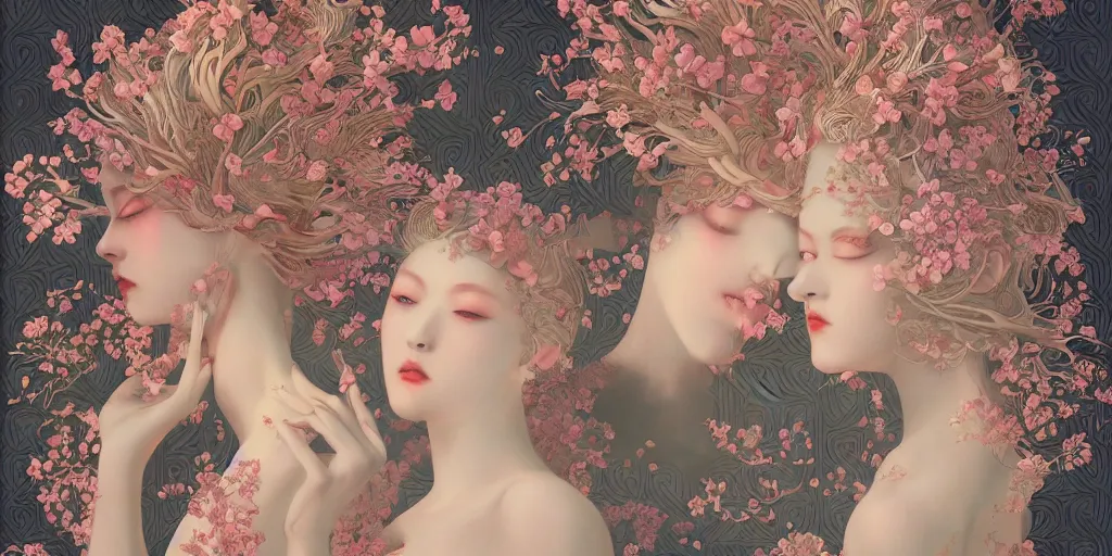 Image similar to breathtaking detailed concept art painting art deco pattern of blonde faces goddesses amalgamation flowers, by hsiao - ron cheng, bizarre compositions, exquisite detail, extremely moody lighting, 8 k