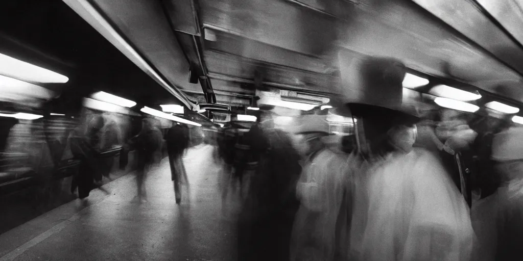 Image similar to cooks in long hats in the subway, by richard avedon, ominous lighting, tri - x pan stock