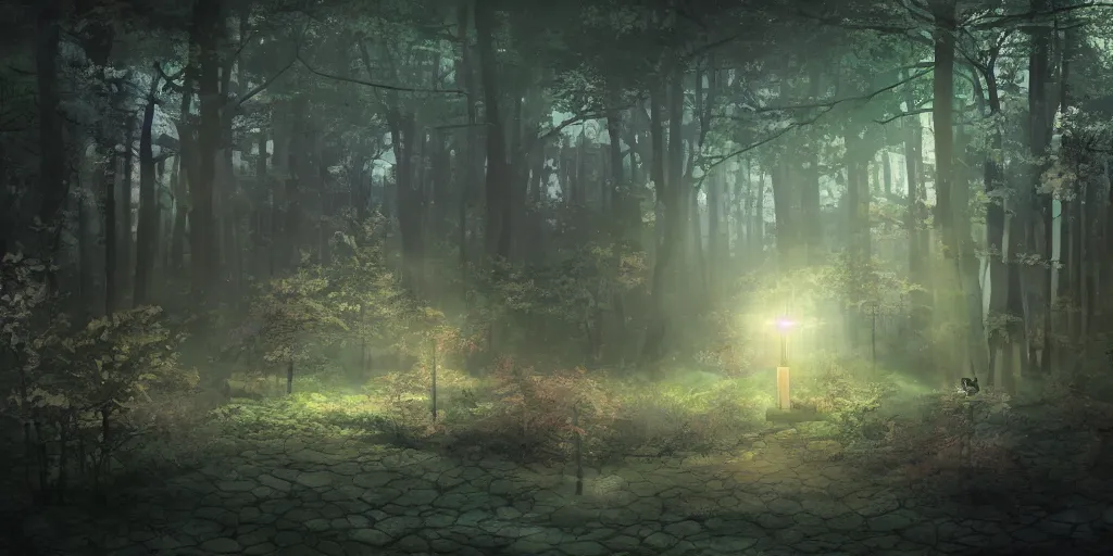 Prompt: a beautiful japanese school of magic in a dark forest, highly detailed, volumetric lighting, digital painting
