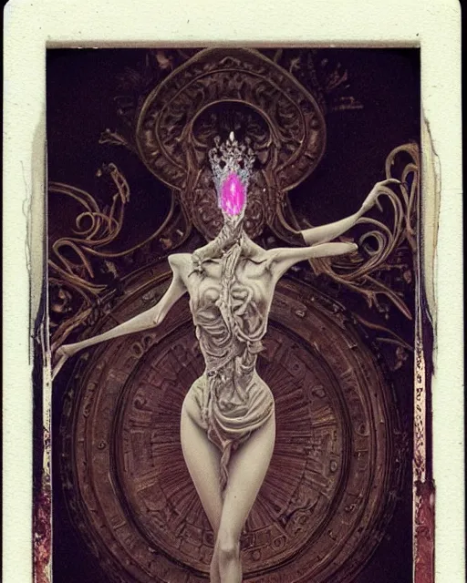 Image similar to a beautiful detailed front view of a dead rotten princess growing ornate baroque, ornamentation, elegant, beautifully soft lit, by wayne barlowe, peter mohrbacher, kelly mckernan, 1 9 1 0 polaroid photography