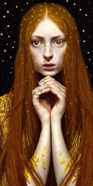 Image similar to an astonished young woman surrounded by golden firefly lights in a mesmerizing scene, sitting amidst nature fully covered, intricate detailed dress, long loose red hair, precise linework, accurate green eyes, small nose with freckles, smooth oval head, expressive emotions, hyper realistic ultrafine portrait by artemisia gentileschi, jessica rossier, artgerm