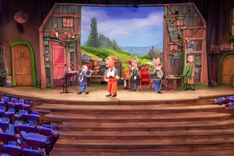 Prompt: photo of a huge theaterstage, play is wallace and grommit, 3 actors on stage, 8 k, multicolored, exaggerated detailed, long shot