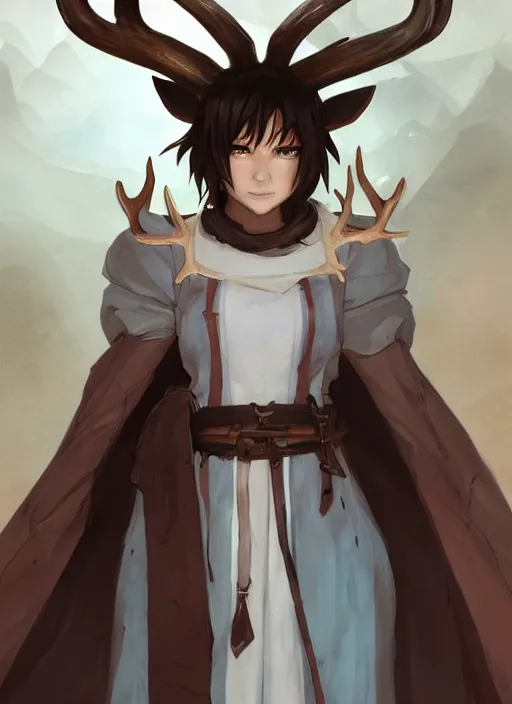 Image similar to concept art painting of a fully clothed person with brown skin and short white hair, demon horns, deer ears, blue tunic and robes, detailed, d & d style, cel shaded, in the style of ruan jia and artgerm and makoto shinkai and james gurney