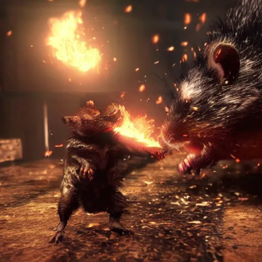 Image similar to a hamster fighting a monster in dark souls 3