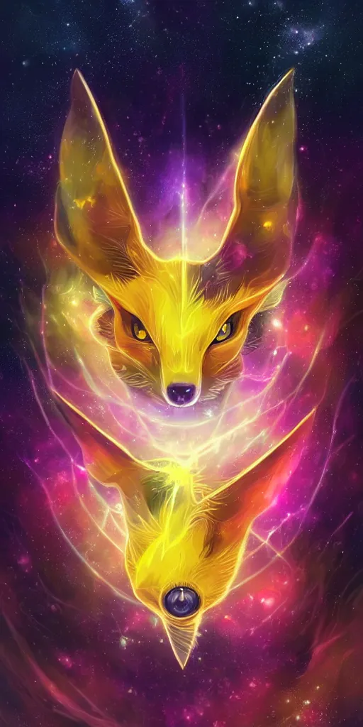 Image similar to geometric symmetrical jolteon with galaxy eyes in space, nebula in the background, intricate, elegant, highly detailed, digital painting, artstation, concept art, smooth, sharp focus, illustration, art by artgerm