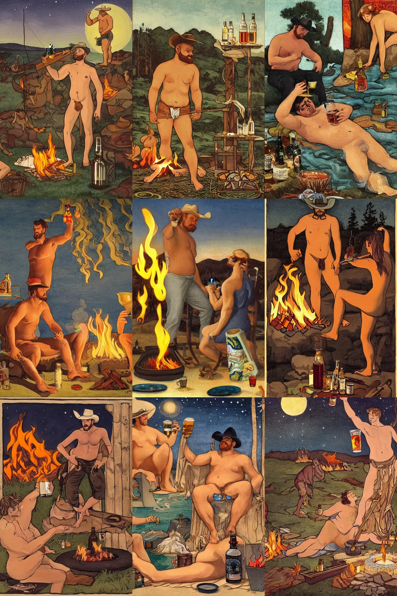 Prompt: a serene, ethereal painting of a handsome mischievous thicc shirtless cowboy with a beer belly | night scene with campfire | food and jugs of whisky in the foreground | tarot card, art deco, art nouveau, ultrarealistic | by Walter Crane | trending on artstation