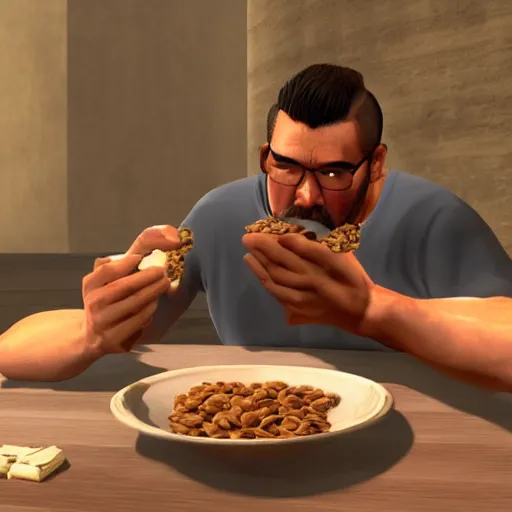 Image similar to jc denton from deus ex eats cereal at a table near liberty island, high quality, photorealistic, highly detailed, 4 k, hd