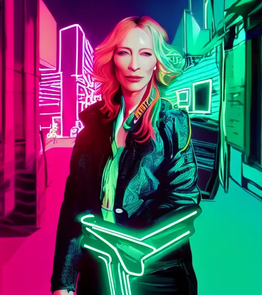 Image similar to cate blanchett ,neon colors, strong lighting, by Josan Gonzalez, HD, 4K