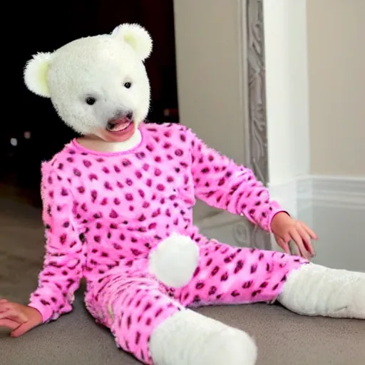 Image similar to a cute white teddy bear with pink ears wearing a pink cheetah print leotard