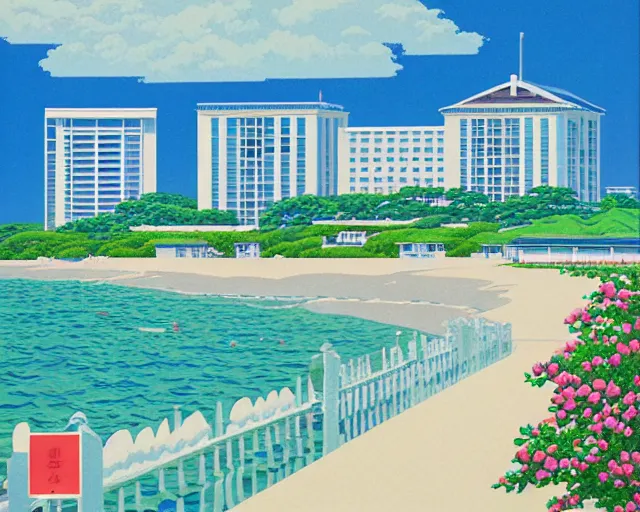 Image similar to seaside mansion on the beach, summer, painting by hiroshi nagai